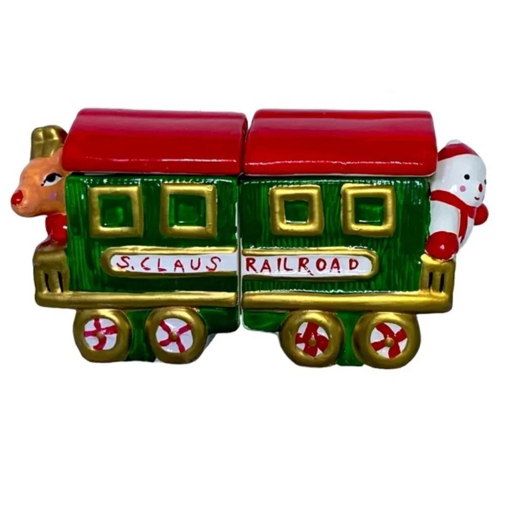 Vintage Santa Train Teapot With Nesting Creamer Sugar Bowl 3 Pieces Ceramic 1994